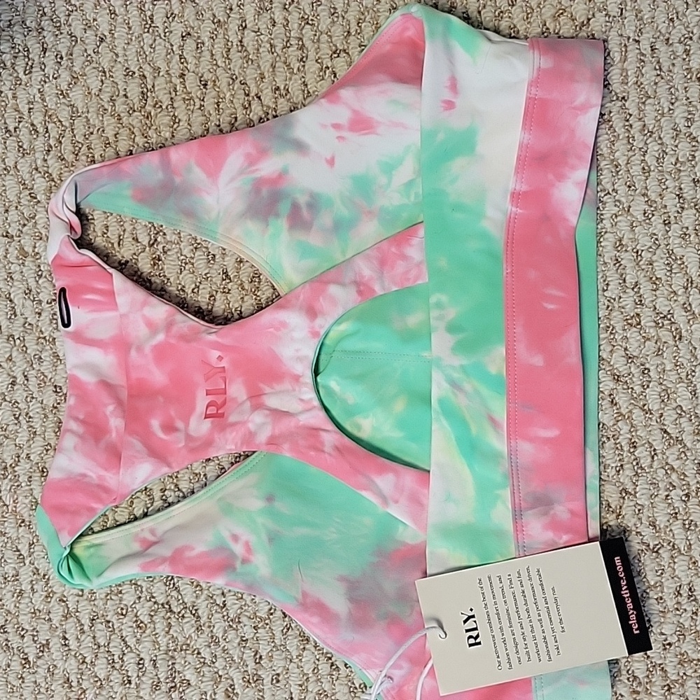 RLY Active Brooklyn Pocket Sports Bra. Size Medium. Pink and Green Tye Dye - Picture 2 of 4